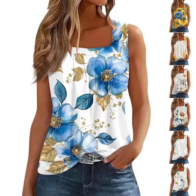 Женская плиссированная футболка без рукавов с квадратным вырезом и цветочным принтом