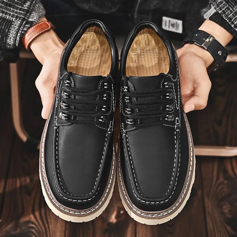Мужская повседневная обувь из натуральной кожи, высококачественные туфли на шнуровке, в английском стиле, с большой головкой, на нескользящей платформе, в деловом стиле