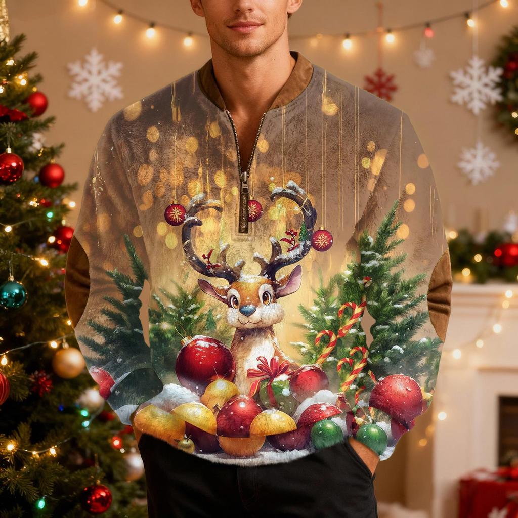 Мужской рождественский свитер на молнии, винтажный вязаный графический свитшот, рождественский пуловер со стойкой