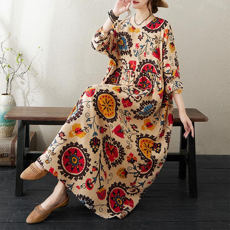 Круглый вырез с длинным рукавом Богемная одежда ретро осень хлопок льняные платья винтажное повседневное цветочное принтованное длинное платье для женщин