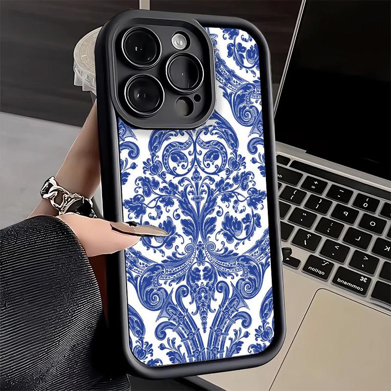 Чехол для телефона iPhone 17 Air 16E 15 16 Pro Max Сине-белый фарфоровый узор Чехол 14 Plus 13 12 Mini Мягкий корпус Силиконовый Забавный