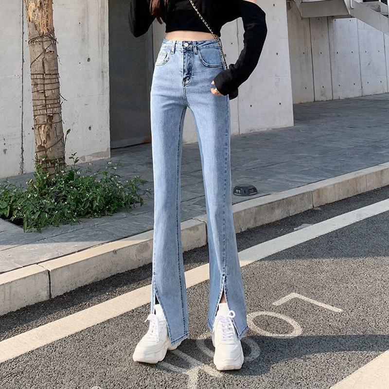 Весенне-летние эластичные джинсовые брюки с высокой талией, тонкие утягивающие прямые женские повседневные джинсовые брюки с разрезом, микро-прямые