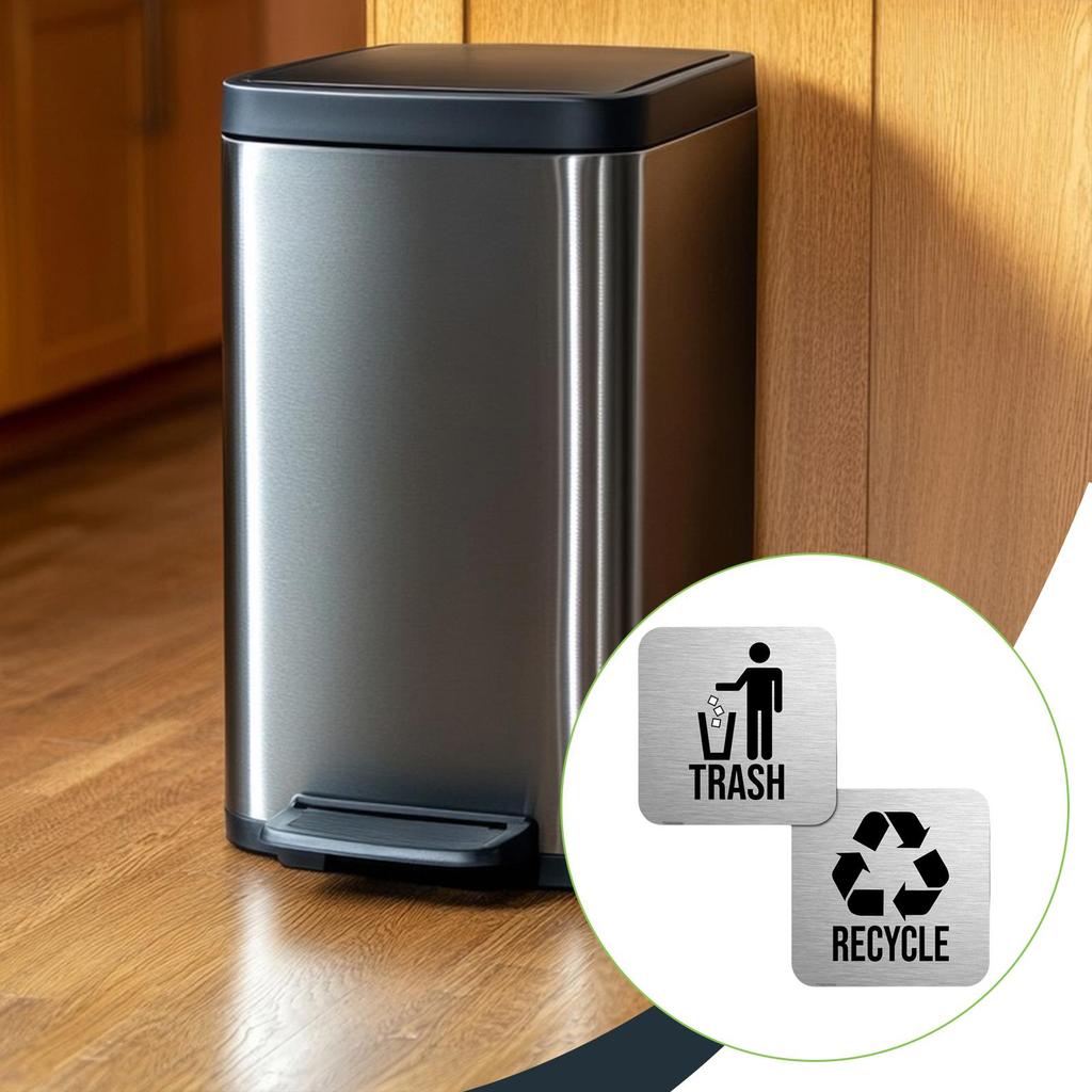 2Pcs Recycle and Trash Sign Set Stainless Steel Multifunctional 14x14cm for Home Office Sturdy