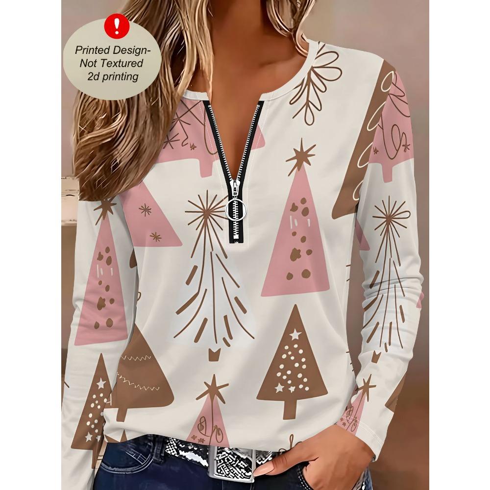 Spring and autumn women's semi-zipper long-sleeved T-shirt pink brown Christmas tree pattern printing, daily casual basic wear