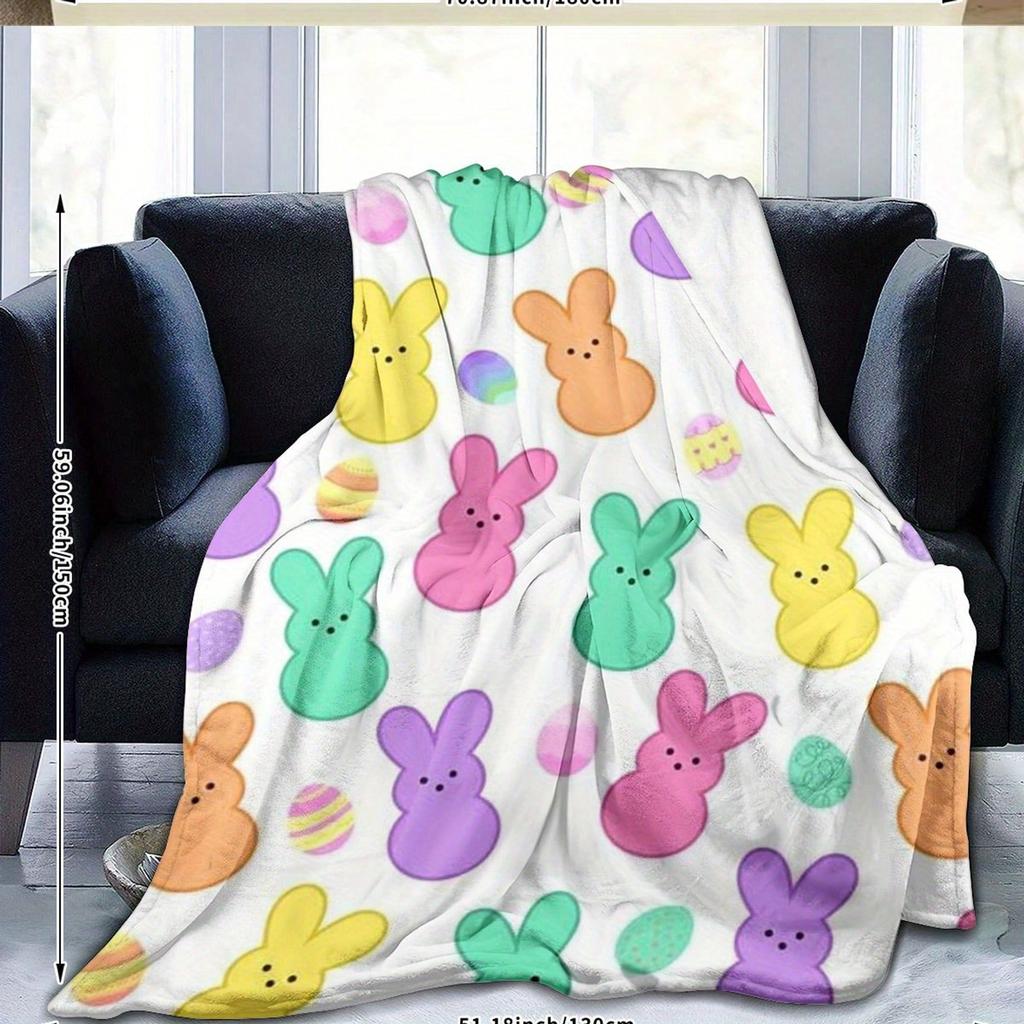 1pc Easter Colorful Bunny Flannel Blanket, 2D Flat Print, All-Season & Holiday, Cozy Throw for Kids Bedroom, Living Room, Campin