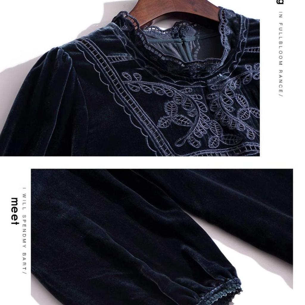 Женское платье из золотого бархата Весна Осень Круглый вырез Однотонное А-силуэт Платье Миди Длины