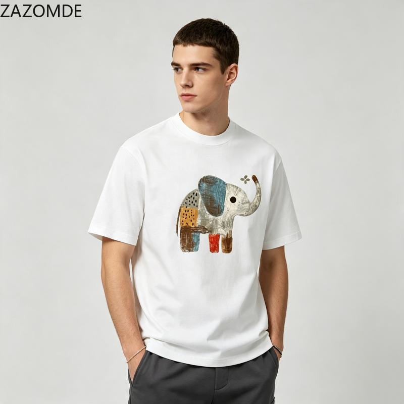 ZAZOMDE Retro Brush Stroke Animal Graphic T Shirt Patchwork Elephant Holding Small Flower Pattern Oversized Couple Fashion Tops