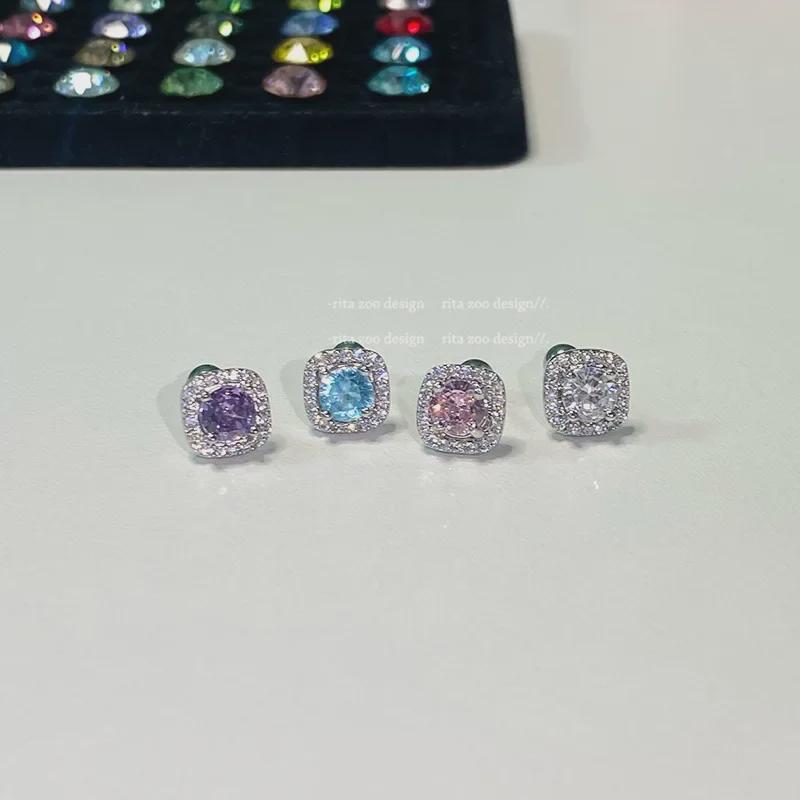 Серьги-гвоздики в форме кубического сахара с разноцветным цирконием из титановой стали