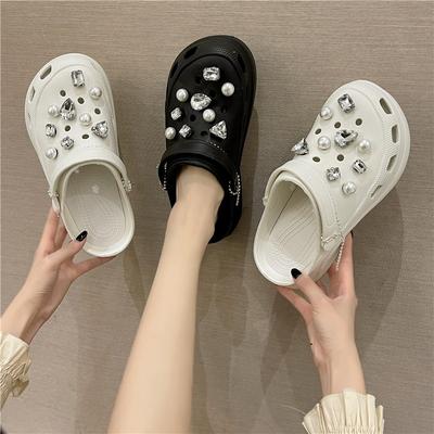 Женские летние сандалии на толстой подошве, увеличивающие рост, с дырочками, новые, со стразами, для улицы, нескользящие, пляжная обувь для женщин