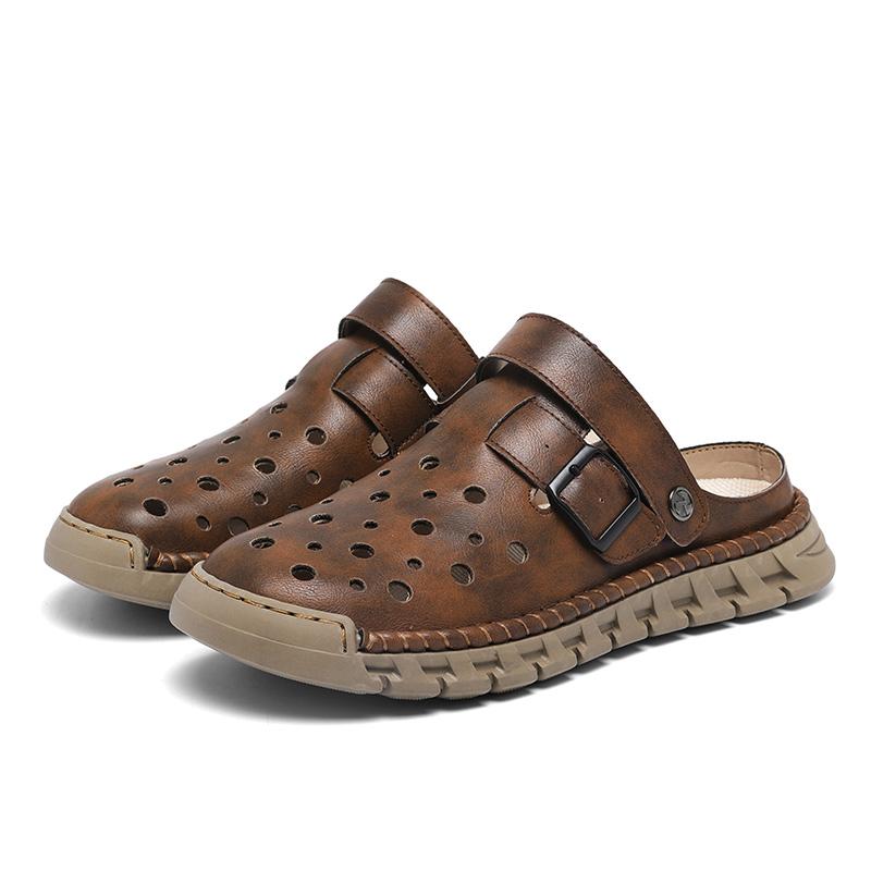 Летняя обувь для мужчин Кожаные сандалии Мужские модные тапочки Закрытый носок Повседневная обувь с ручной прошивкой