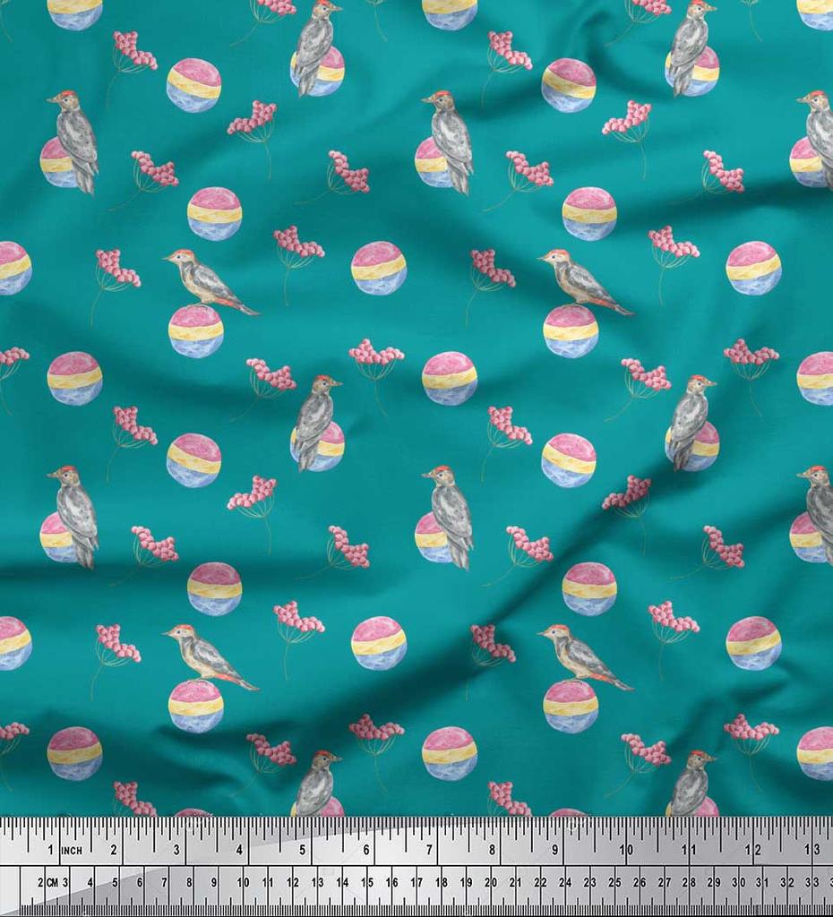 Soimoi Черная полиэстеровая креповая ткань с принтом красных ягод и птиц-дятлов по метрам 42 дюйма