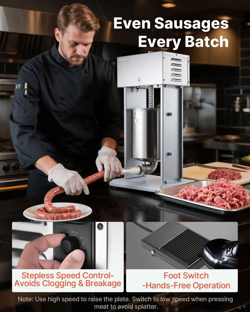 Electric Sausage Stuffer, 22 LBS / 10 L Vertical Meat Filler with Stepless Speed Adjustment, Stainless Steel Sausage Stuffing Machine, Foot Pedal & 4