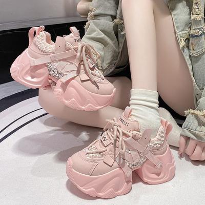 Модные весенне-осенние кроссовки 8 см, женские спортивные туфли на массивной платформе со шнуровкой для папы, женская удобная повседневная обувь