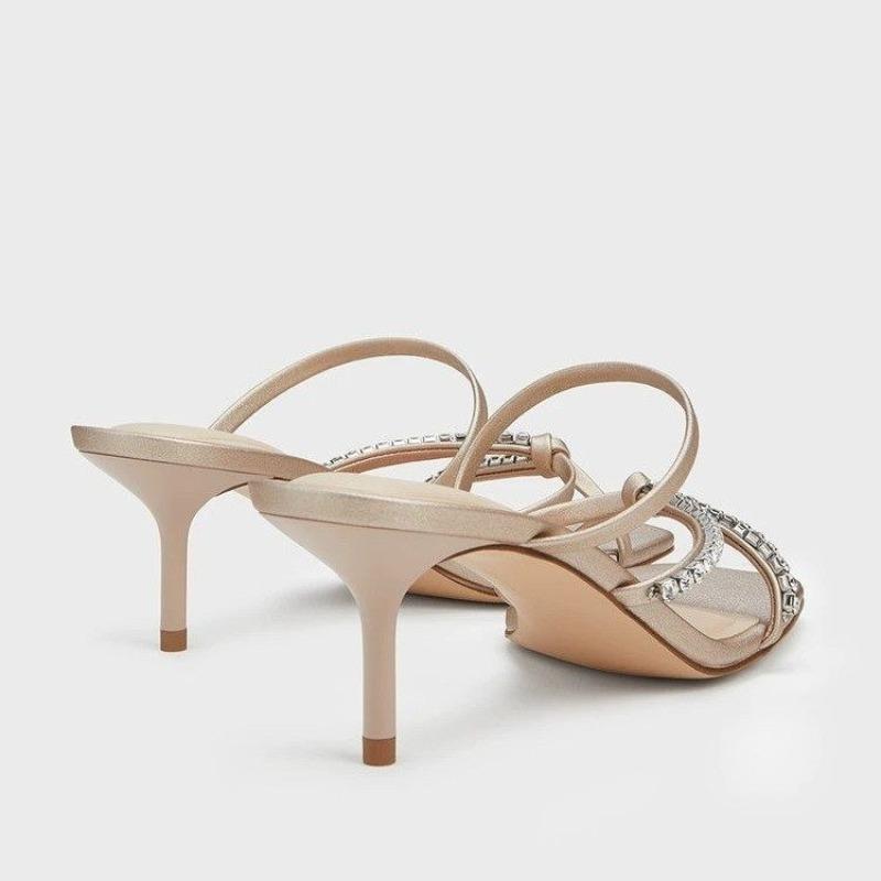 Fashion Fine Slippers Temperament Square Head Open Toe Crystal Buckle Set Foot Anti-slip Wear-resistant High Heels