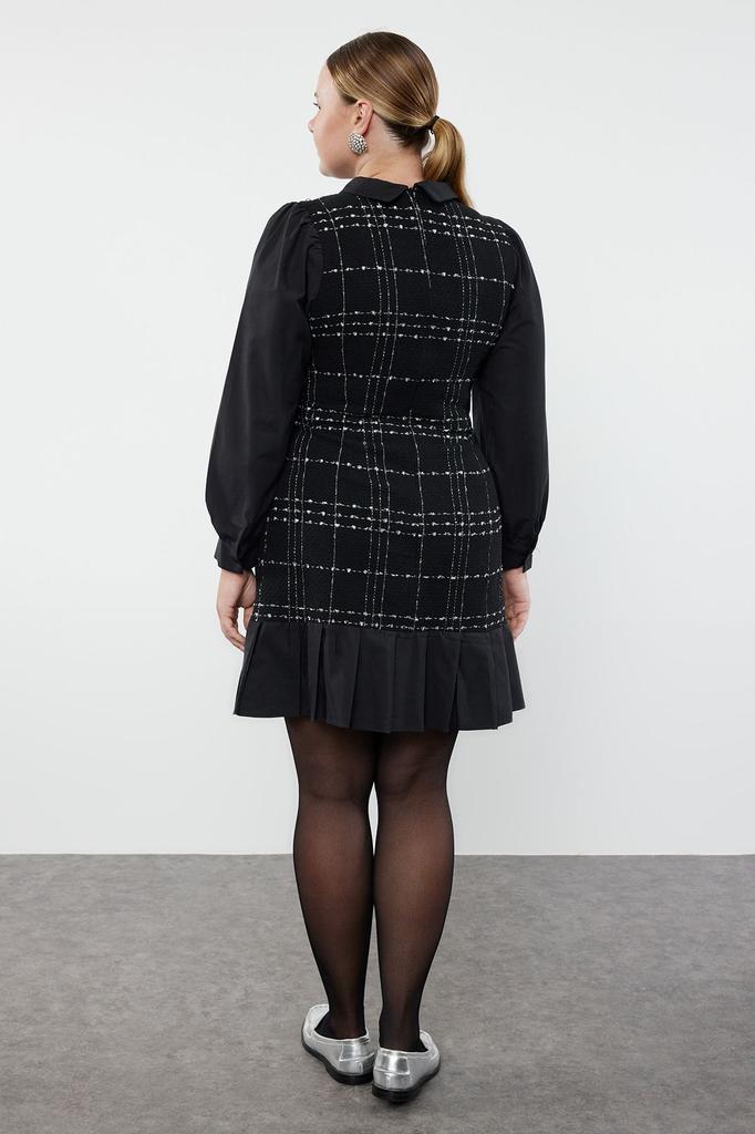 Women's Plus Size Dress Black Shirt Collar Plaid-Checked Mini Tweed Dress