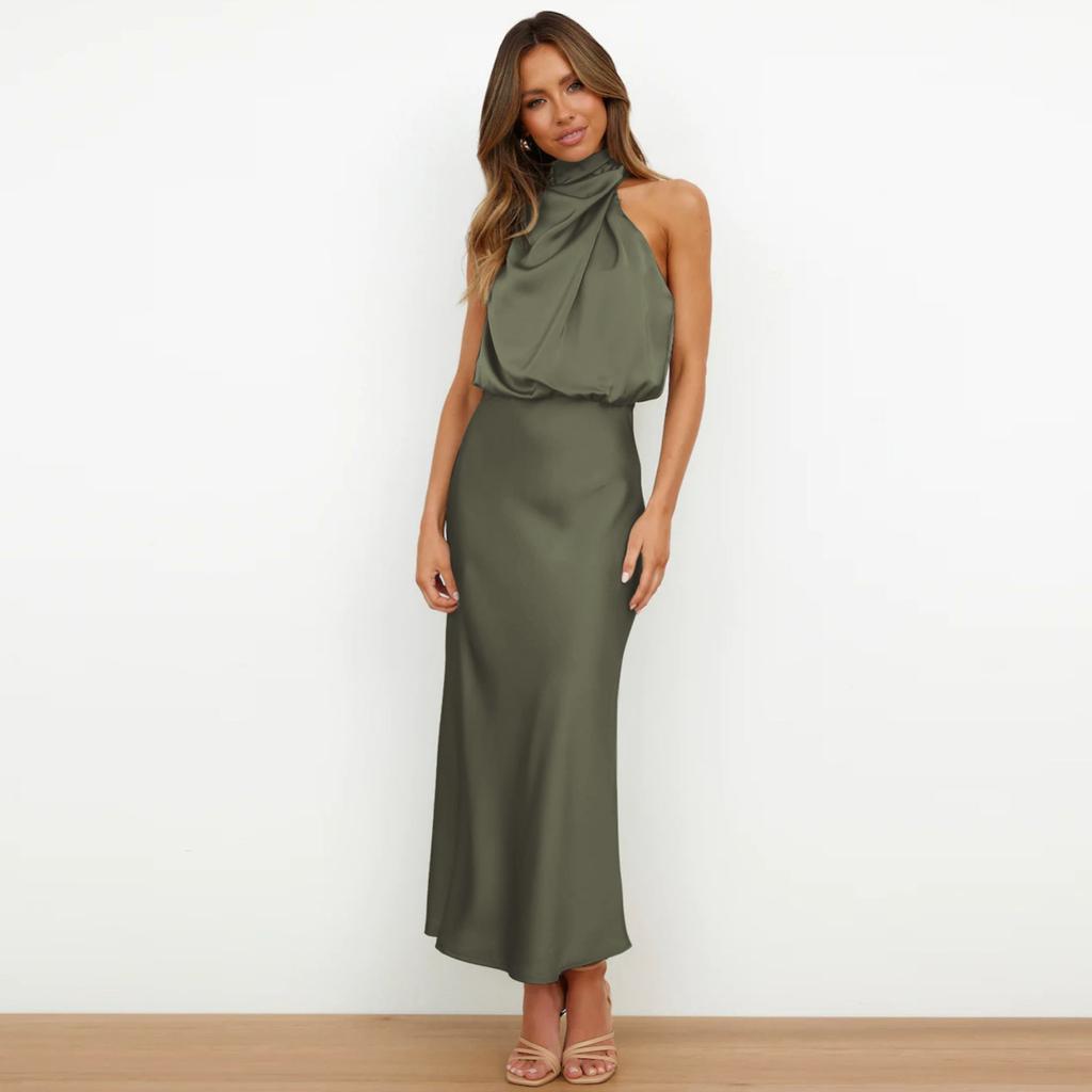 Женские коктейльные платья без рукавов с воротником-стойкой и эластичной резинкой на талии для вечеринки, свадьбы, для гостей, атласное платье средней длины с высоким разрезом