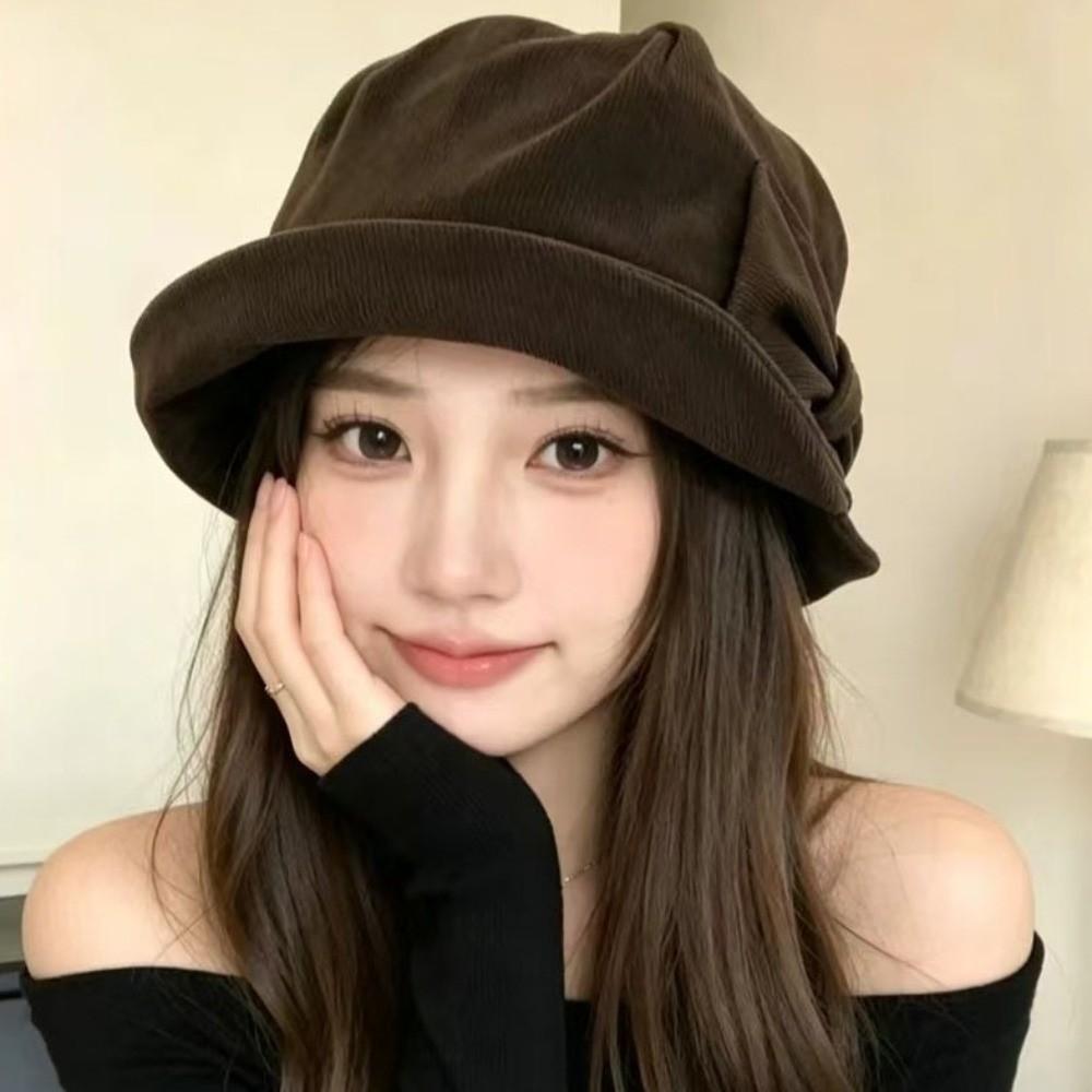 Small Brim Corduroy Bucket Hat Bowknot Basin Cap Vintage Fisherman Cap Casual