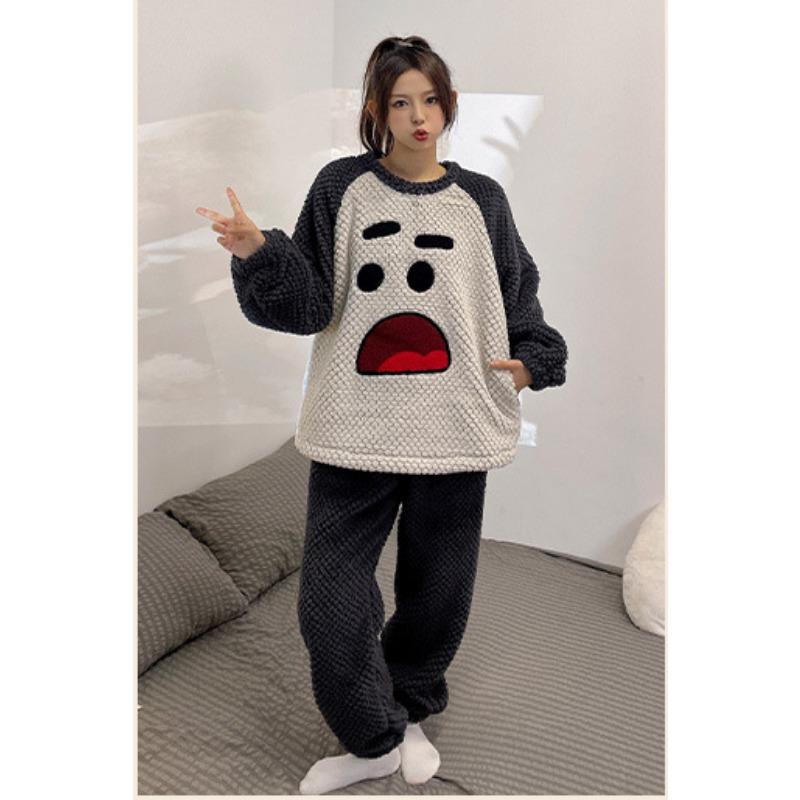 Фланелевая пижама Зимняя парная Теплая Пуловер Женская Теплая Коралловый флис Студенческая Повседневная Утолщенная Милая Домашняя одежда