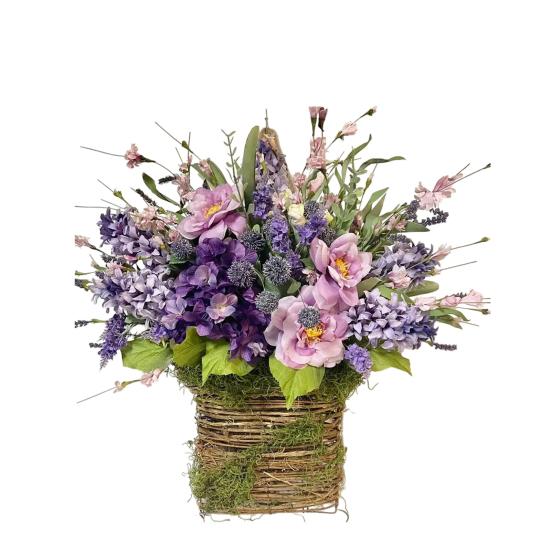 Door Hanger Basket Wreath Spring Summer Artificial Flowers in Wicker Basket for Front Door Rustic Rattan Hanging Basket Wreath for Home Porch Entryway
