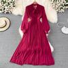 Autumn Vintage Women Long Dress Elegant Bow Collar Lantern Sleeve Single Breasted Pleated Maxi Female Red Purple Dresses