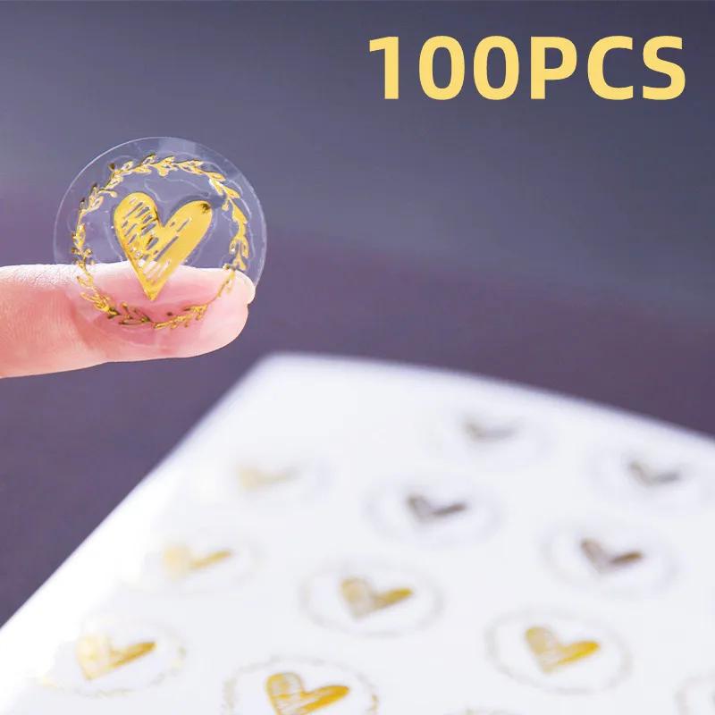 100pcs Clear Bronzing Heart Stickers 1.26 Inch Round Envelope Sealing Label for Wedding Party Invitation Card Gift Decor Tags