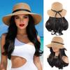 Wide Brim Fisherman Hat with Built-in Wig Sun Protection Long Wavy Curly Hair  Vacation Accessory