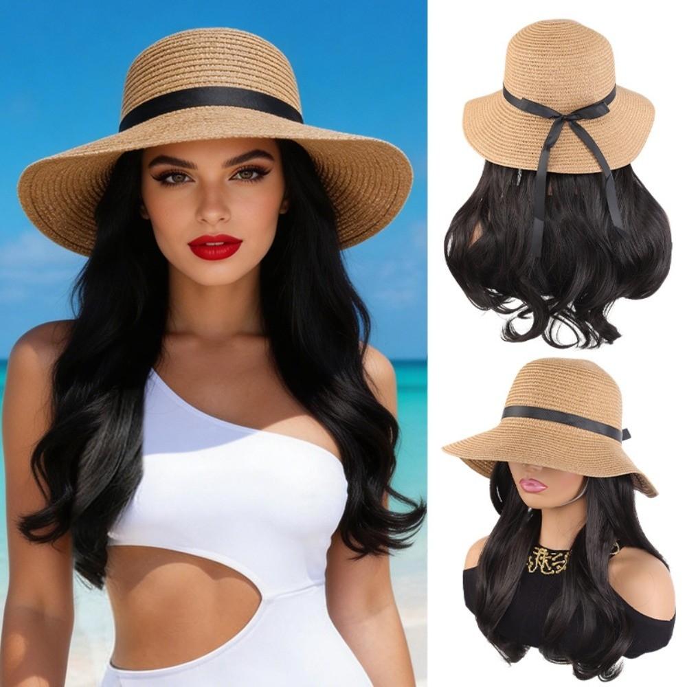 Wide Brim Fisherman Hat with Built-in Wig Sun Protection Long Wavy Curly Hair Vacation Accessory
