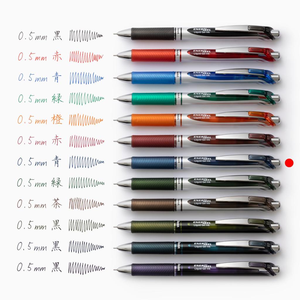 Pentel Gel Ink Energel Knock Ballpoint Silver 10 Pens Pen, 0.5mm, Barrel, BLN75Z-CA, Blue-Black,