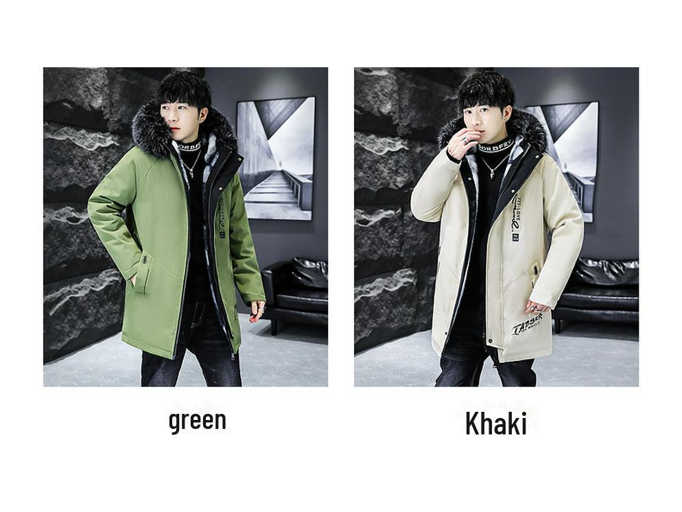 2023 Мужская зимняя ветровка с капюшоном из бархата и меховым воротником — утолщенная повседневная хлопковая куртка средней длины