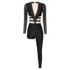 Womens Dance Jumpsuit Sheer Mesh Inserts Long Sleeve Style Keyhole Back Detail Sparkling Rhinestones Bodysuit