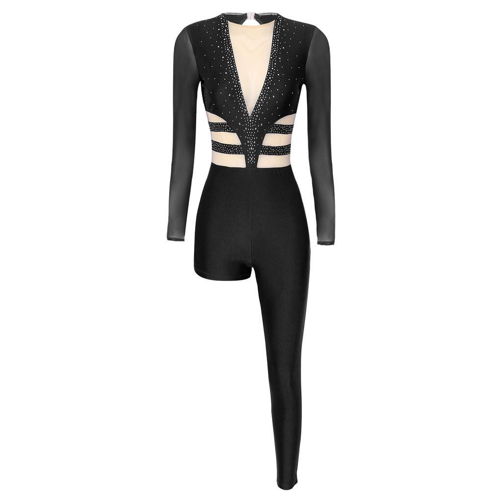 Womens Dance Jumpsuit Sheer Mesh Inserts Long Sleeve Style Keyhole Back Detail Sparkling Rhinestones Bodysuit