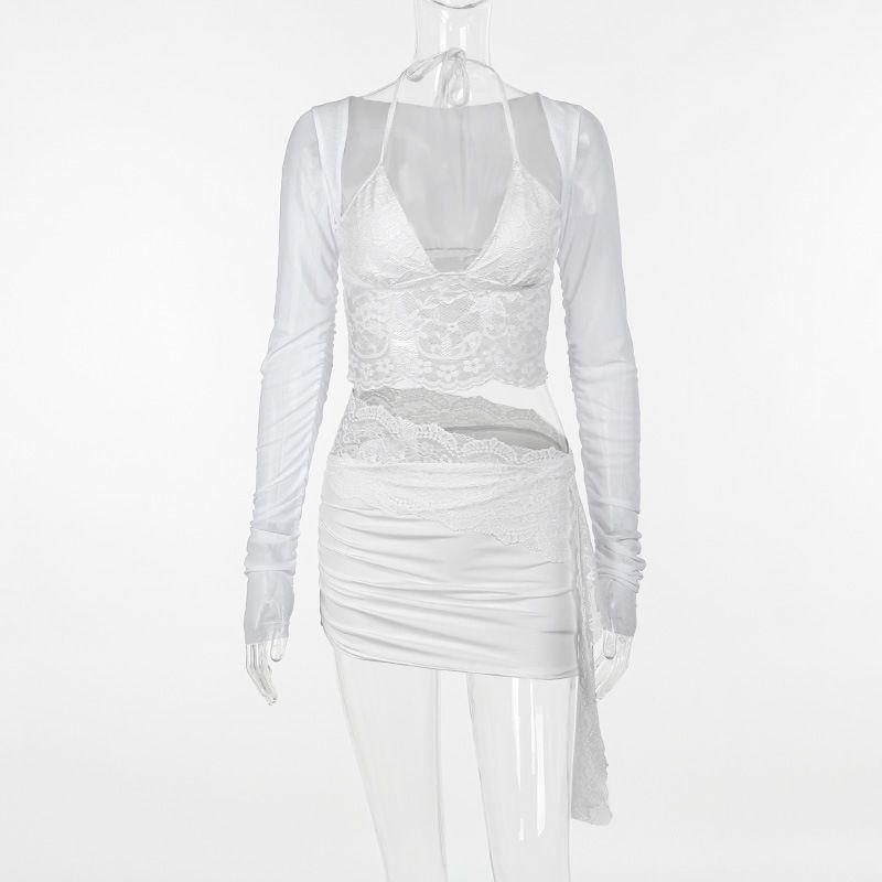 Мода Инс Новое поступление Мода Сексуальный Глубокий V Кружевная вставка Сетка Длинные рукава Топы Сексуальный Юбка-футляр Наряд Женщины