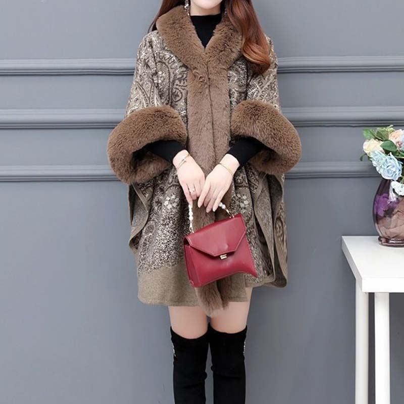 Женское роскошное пальто из искусственного меха с капюшоном, осень-зима, мягкая теплая шаль, воротник из искусственной шерсти, жаккардовые пончо