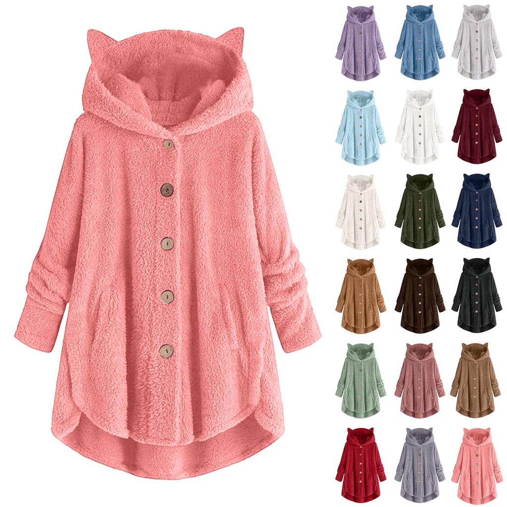 Women's Loose Plush Solid Color Single Breasted Pocket Hood Zipper Jacket
