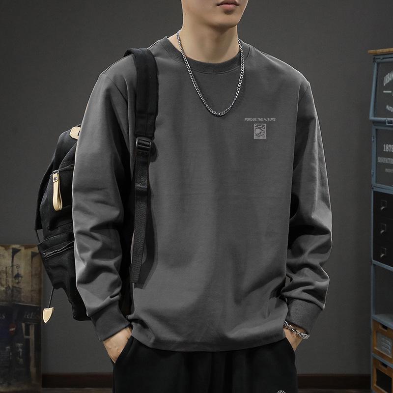 Оформление: Мужская осенняя базовая футболка с длинным рукавом из плотного хлопка 2025, толстовка свободного кроя с круглым вырезом