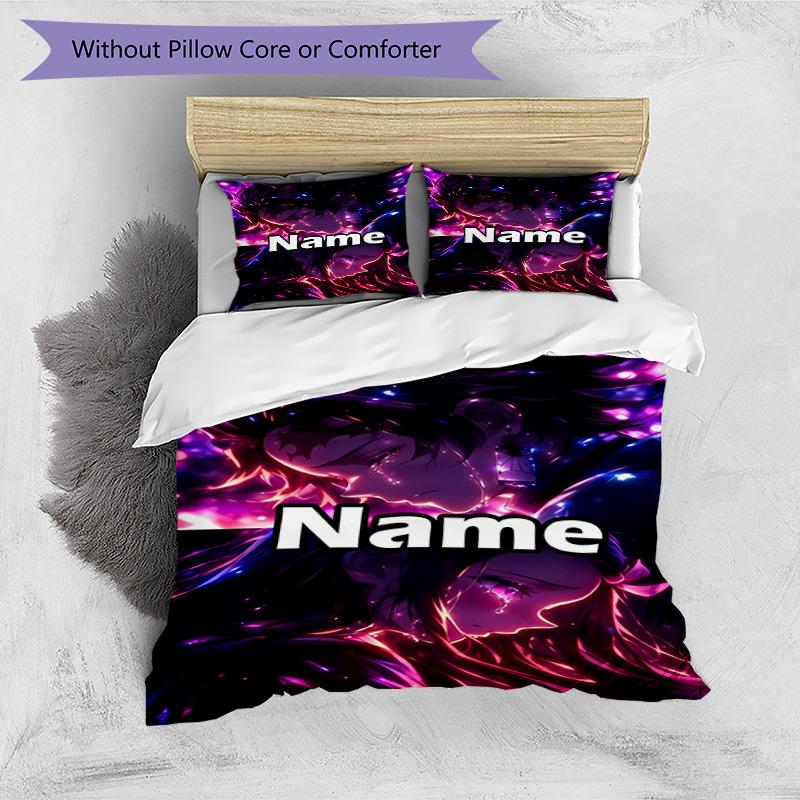 3pcs Duvet Cover Set (1*Duvet Cover + 2*Pillowcase, Without Core), Custom Name Demon Slayer Pattern Bedding Set, Home Bedroom Decor Gift