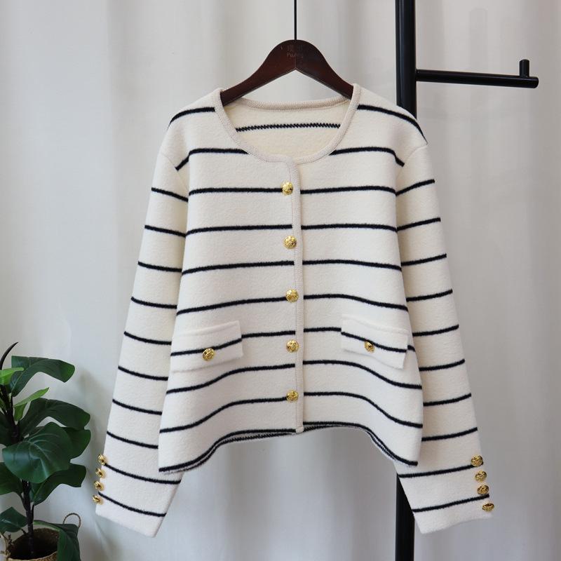 Новая осенне-зимняя полосатая вязаная двусторонняя твидовая куртка свободного кроя, контрастного цвета, кардиган для женщин.