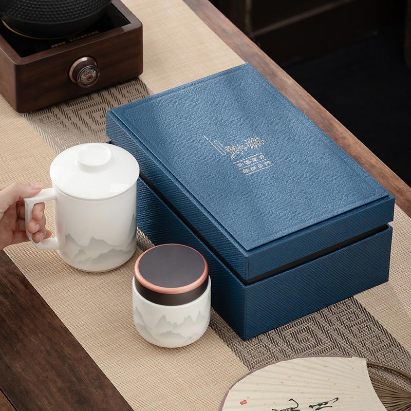 Zhenzang gift box, ink and wash Dehua white porcelain mug, household ceramic teacup with lid, personal office filter tea cup