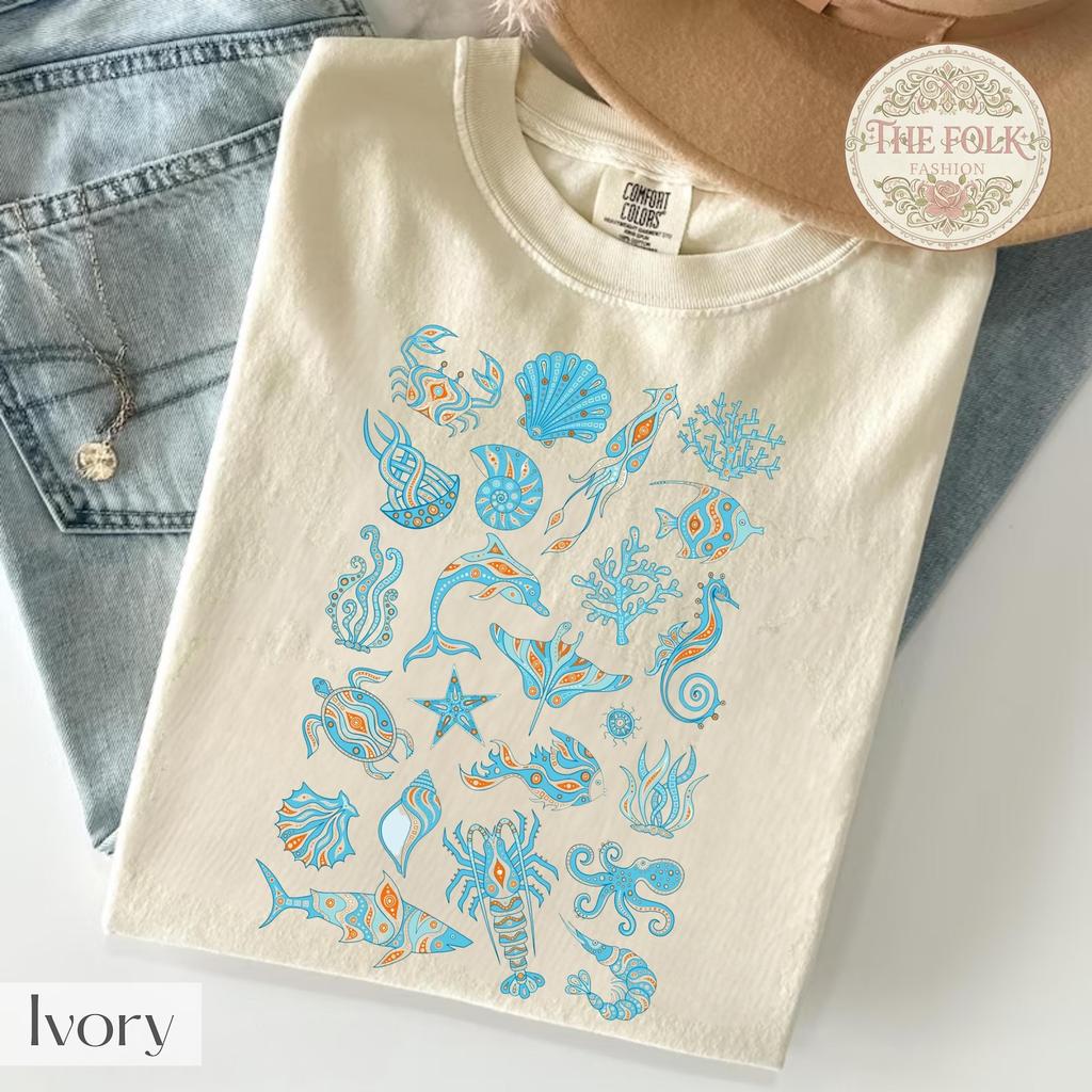 Sea Life Folk Art Shirt, Coastal Ocean Animals Tee, Beach Life Graphic T-Shirt, Retro Comfort Colors® Y2k Ocean Shirt, Turtle Sea Lovers