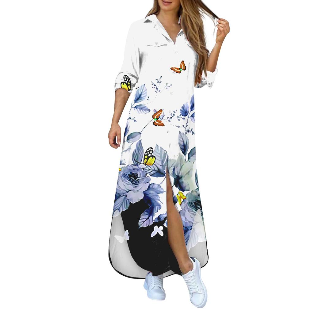 Women's Shirt Dress Sexy Casual Printed Long Sleeve Shirt Loose Slit Maxi Dress Button Collar