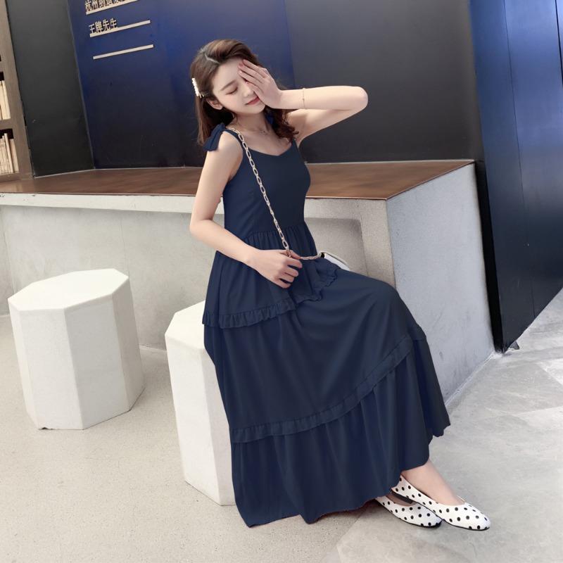 Летнее новое однотонное платье с бантом и сексуальными бретельками, женское ретро-платье с высокой талией, повседневное свободное длинное платье, женское модное облегающее элегантное платье с оборками 26371