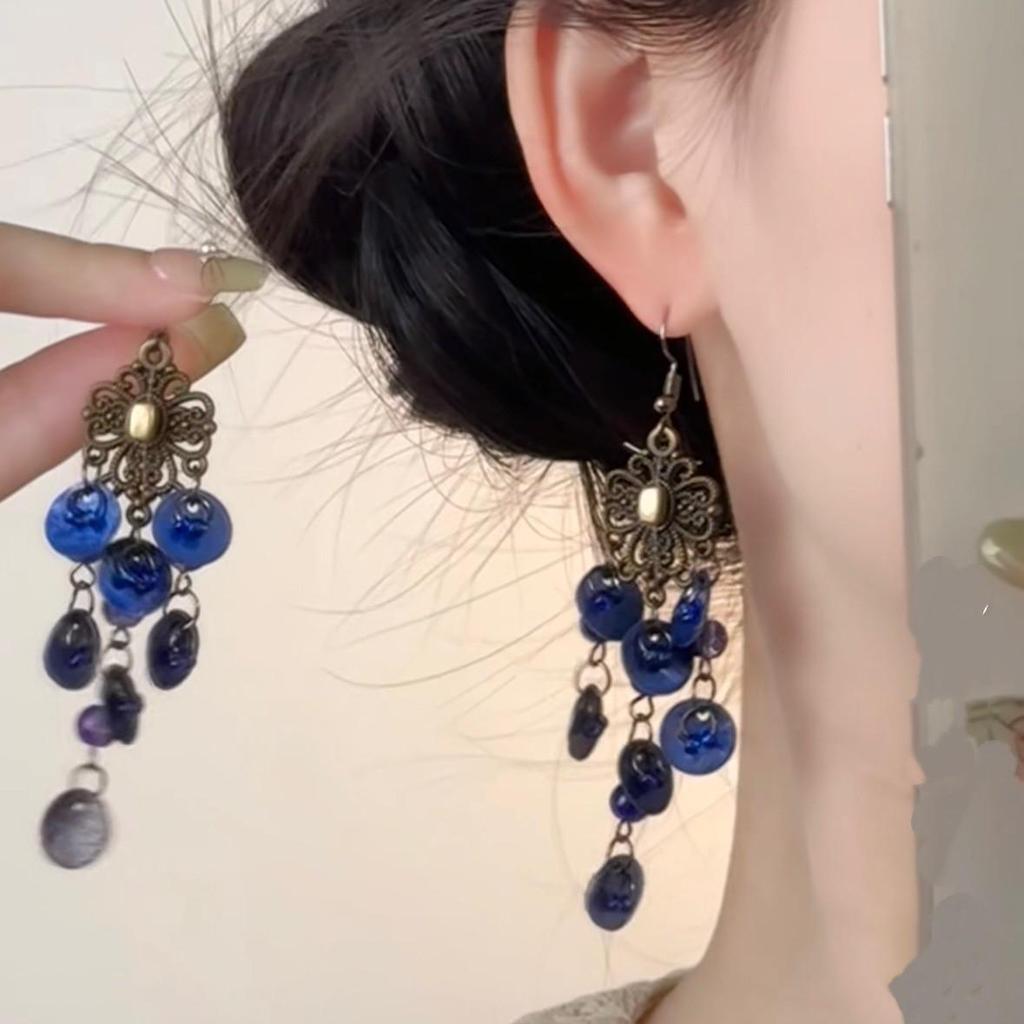 Irregular Stone Tassel Pendant Earrings - Ethnic Luxury Design with High-End Feel