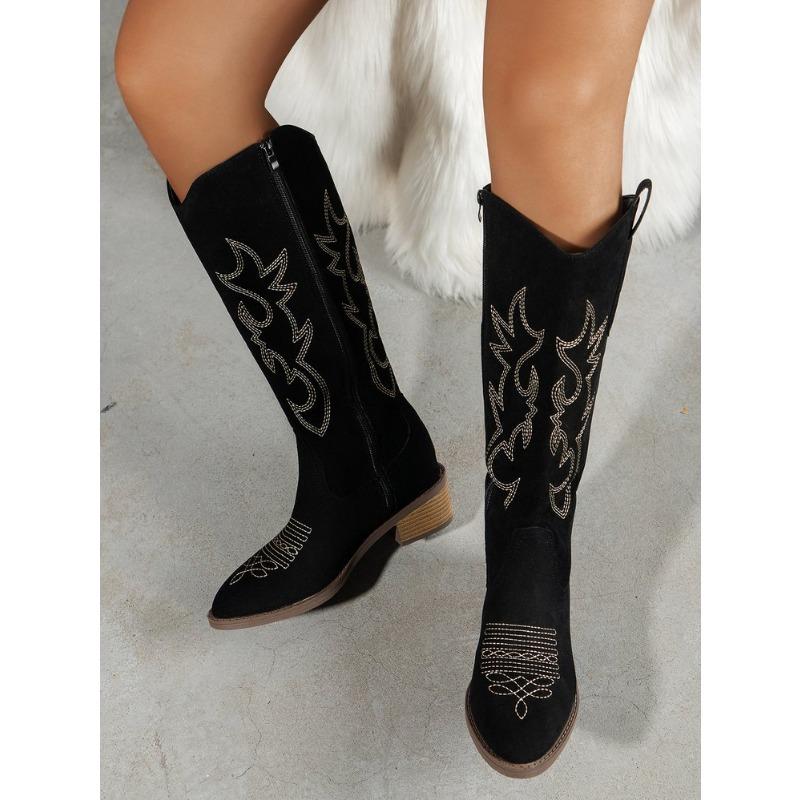 Женские сапоги в стиле ретро с вышивкой и V-образным вырезом, коричневые, с грубой подошвой на каблуке, короткие сапоги в стиле рыцаря