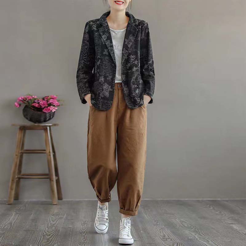 Ретро-принтованный пиджак, женская тонкая короткая куртка с длинными рукавами, хлопковое повседневное свободное пальто, весна-осень, корейская версия в стиле Харадзюку