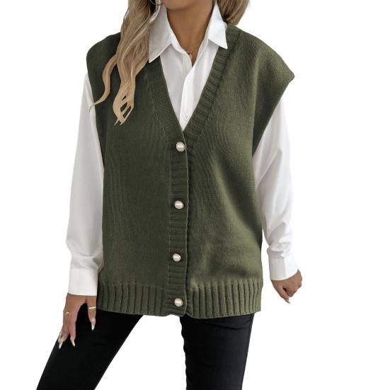 Женский вязаный жилет с V-образным вырезом, без рукавов, свободного кроя, жилет-свитер с декором из пуговиц из искусственного жемчуга, однотонный, повседневный вязаный жилет