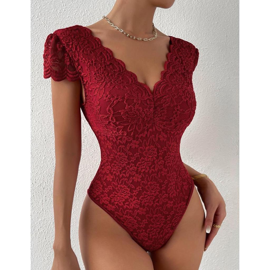 2025 Summer European & American Solid Lace-Trim Deep V Backless Bodysuit