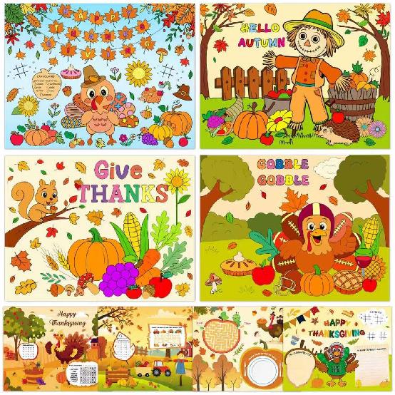 16pcs Thanksgiving Coloring Placemats for Kids 2-Sided Disposable Turkey Placemats to Color Paper Place Mats/Poster for Thankful Activity Happy