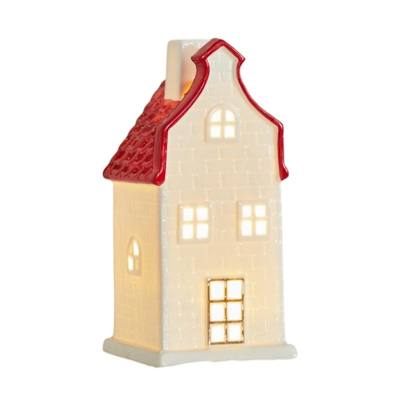 Christmas Themed Ceramic Illuminating Village House Snowman Deer Figurine Decoration For Mantels Shelf Or Window Sill