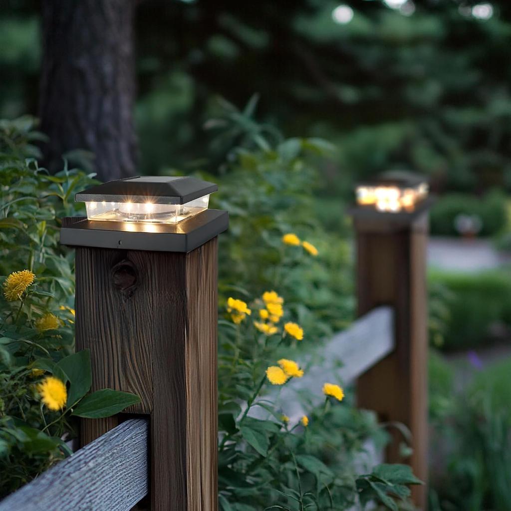Waterproof outdoor solar pole cap light, suitable for solar deck fence pole lights on 4x4, 5x5, or 6x6 wooden poles
