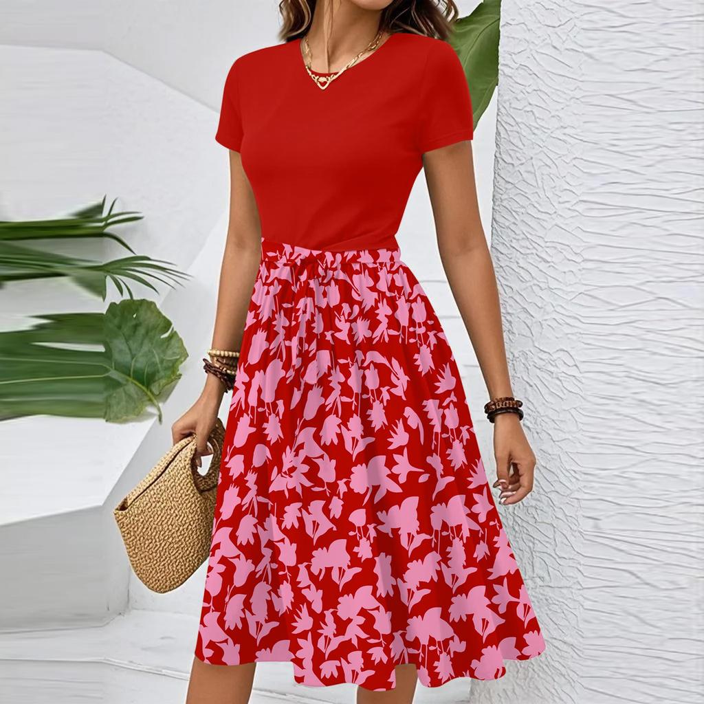 Women's Casual Fashion Belted Floral Print Short Sleeve Round Neck Elegant Dress
